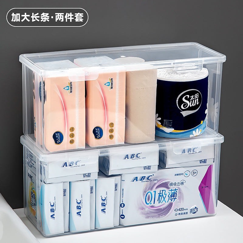 Long plastic washing powder storage box with lid, flip cover storage box, transparent mirror cabinet storage, rectangular storage box.