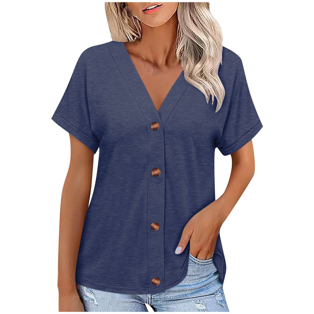 fashion cross-border export spring/summer new solid color button-down loose short-sleeve top t-shirt women's in-stock