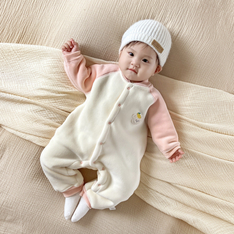 Newborn outing clothes baby winterthickened onesie baby heattechlong sleeves haki infant fleece-lined rompers