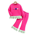 Girls' fall floral outfit: pink ruffle-trimmed pullover sweatshirt and 3d embroidered pants set