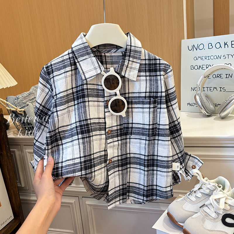 Kids' 100% cotton shirt - new autumn collection: korean style black and white plaid long sleeve shirt for boys - casual, versatile, and stylish top