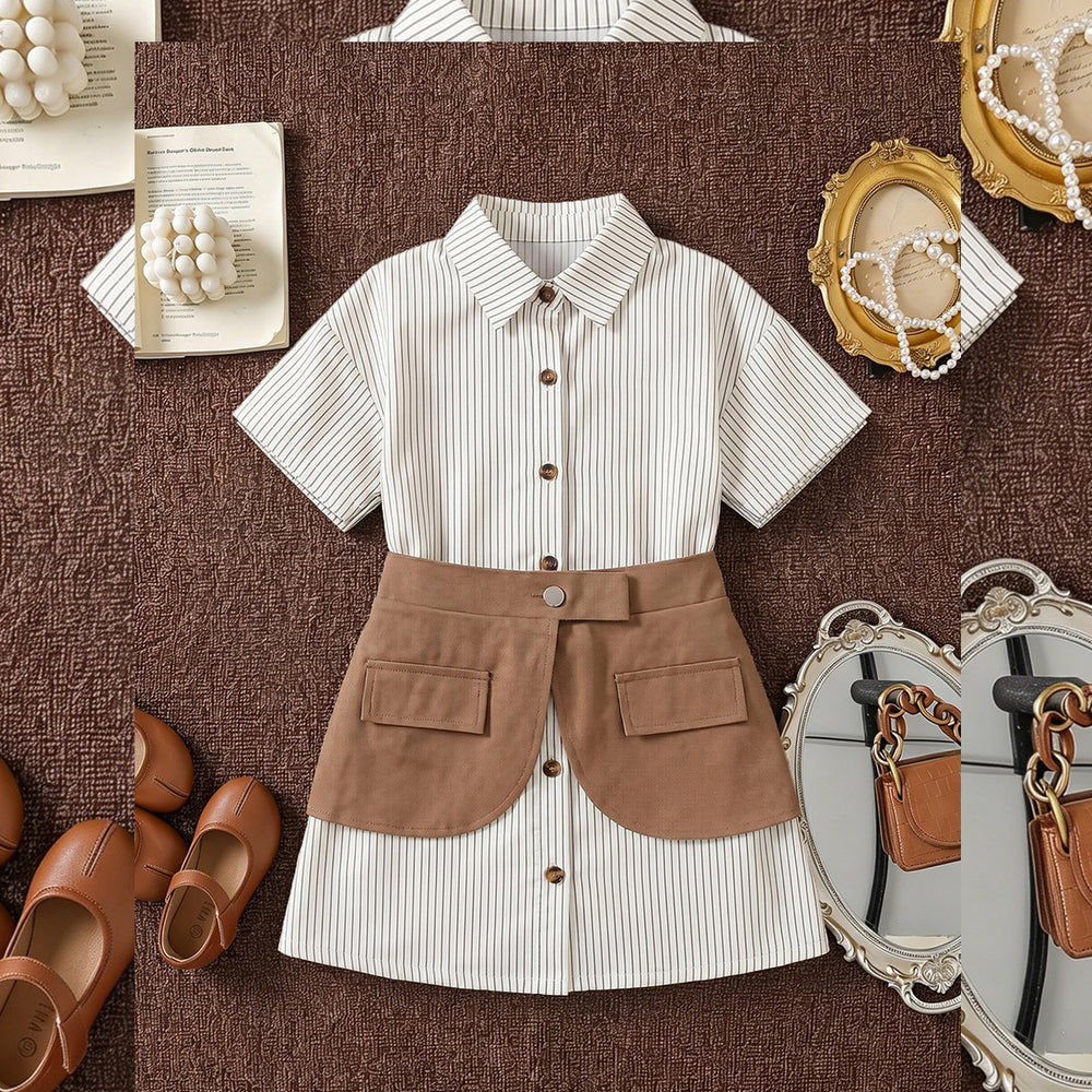 spring/summer new arrival: cross-border girls' striped shirt dress + solid color denim belt set - two-piece outfit for girls