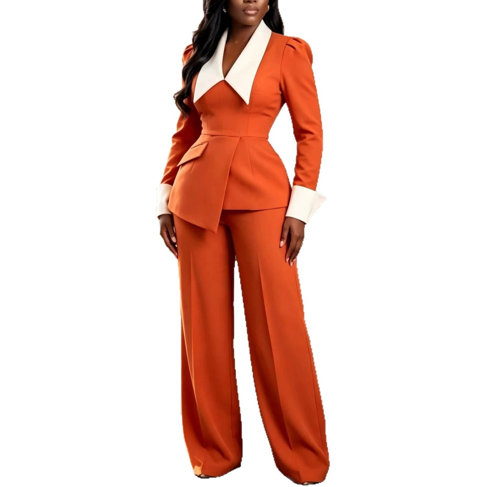 Autumnew arrivalcasualtwo-piece set elegantwork clothingcolor block waist lapelasymmetrical hem topsloose pants cover