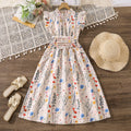 26 cross-border  girls' spring/summer new arrival: elegant floral print flutter sleeve a-line dress with cinched waist