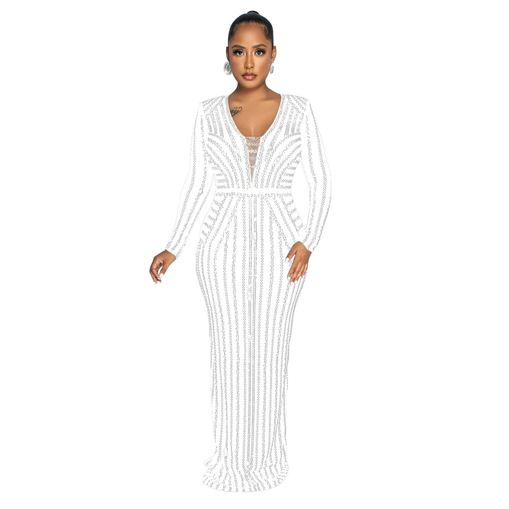 C6809 cross-border   fashion women's solid color rhinestone long sleeve slit maxi dress