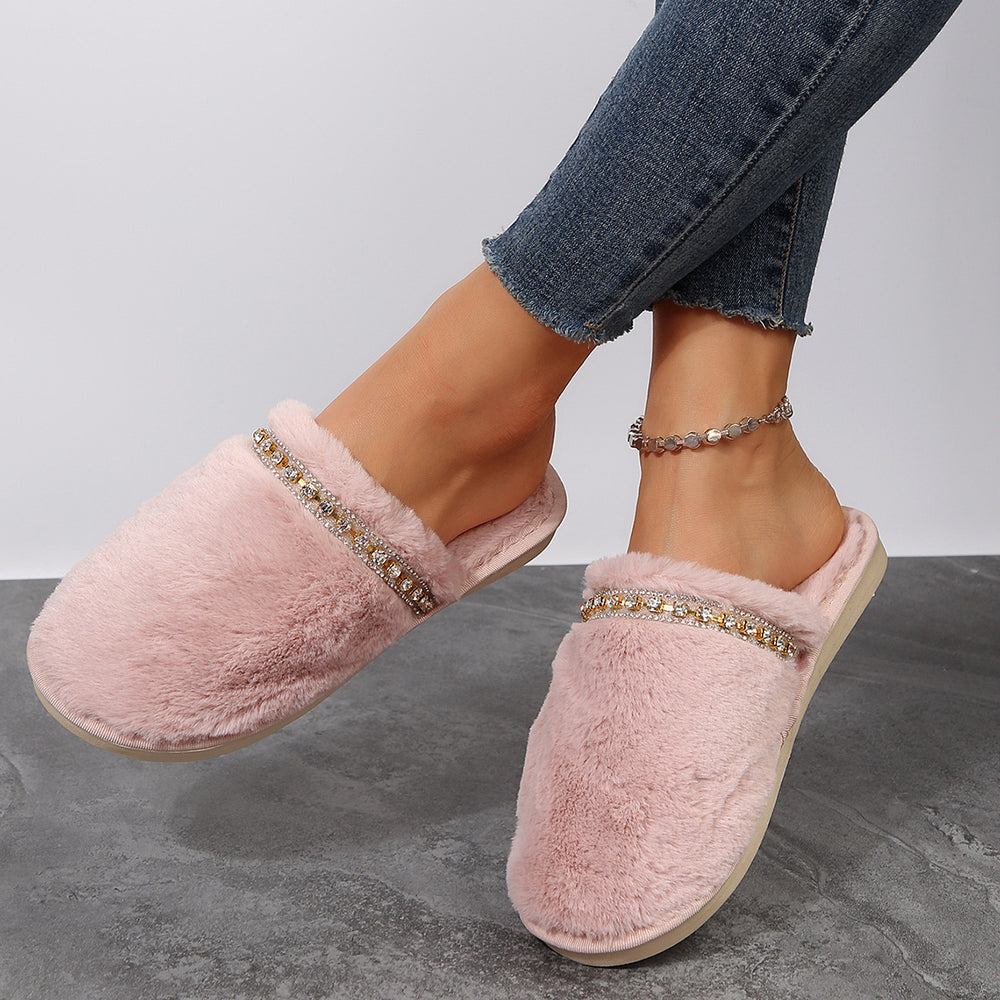 New instrendy baotou diamond strip fur slippers for women, home flatsheattech cotton slippers for women, wholesale cross-border slippers