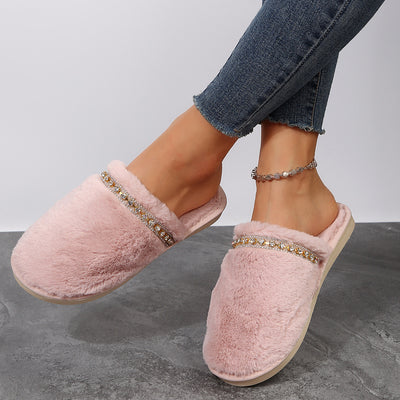 New instrendy baotou diamond strip fur slippers for women, home flatsheattech cotton slippers for women, wholesale cross-border slippers