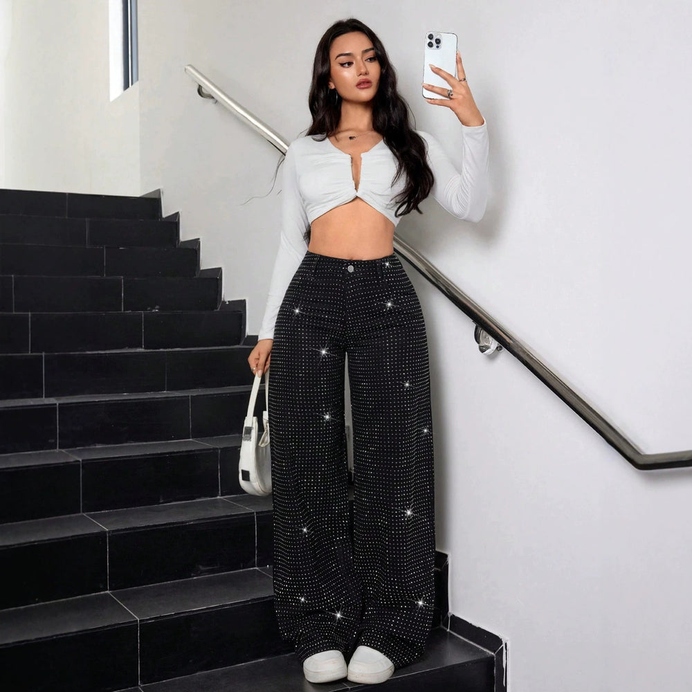 Fashion jeans women's cross-border star hot diamond high waist wide leg mop pants hot girl street style black sparkling diamond