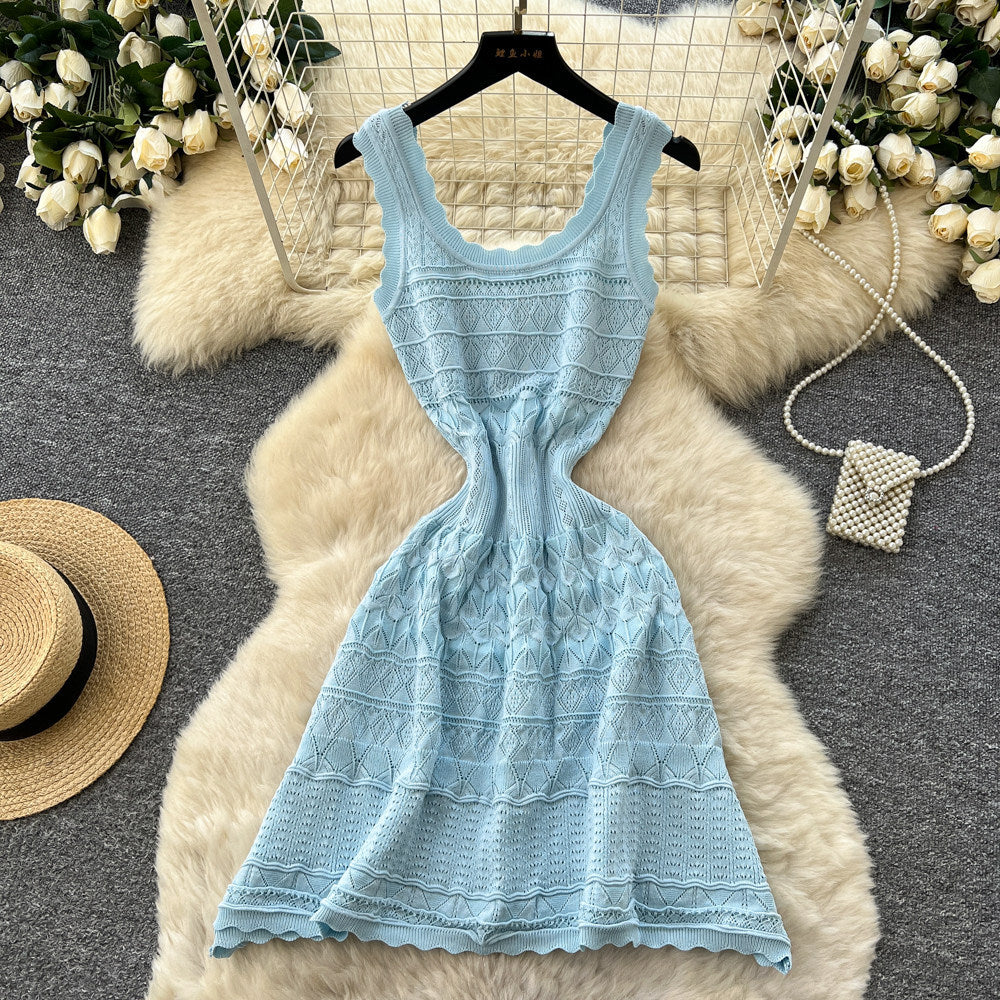 French white sleeveless knittingdress women's summer new arrival cool cut out waist slimming look a-line skirt qianjin style