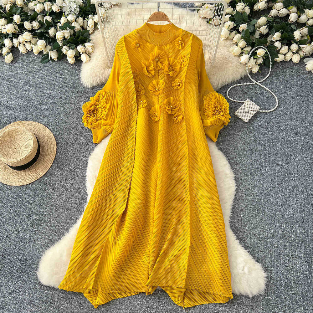 Miya pleated dress - spring  collection: high-end beaded, 3d floral, lantern sleeve, loose fit, pleated maxi dress