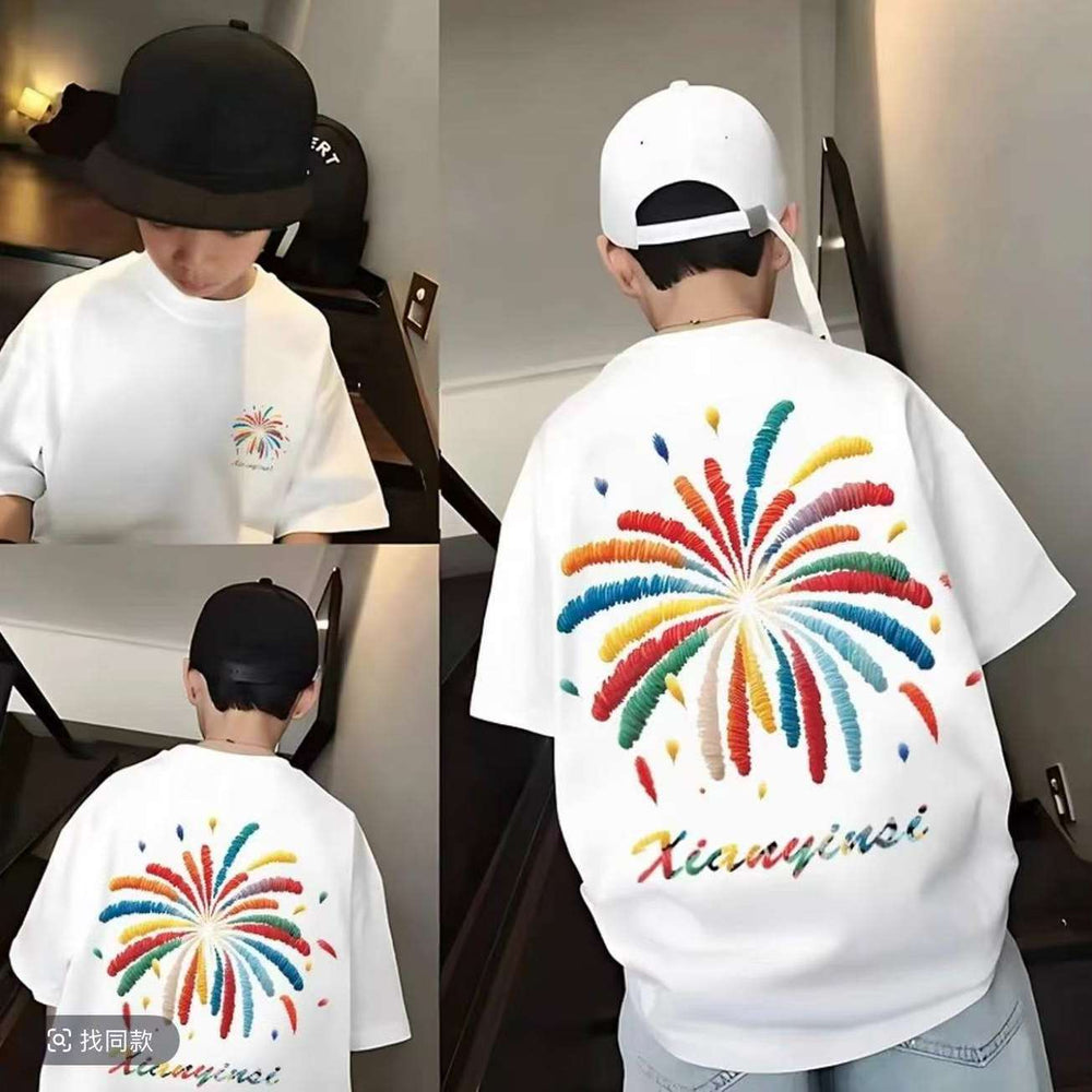 White cotton boys' short-sleeve t-shirt, summer  new arrival, loose fit, casual cartoon print, kids' half-sleeve 007