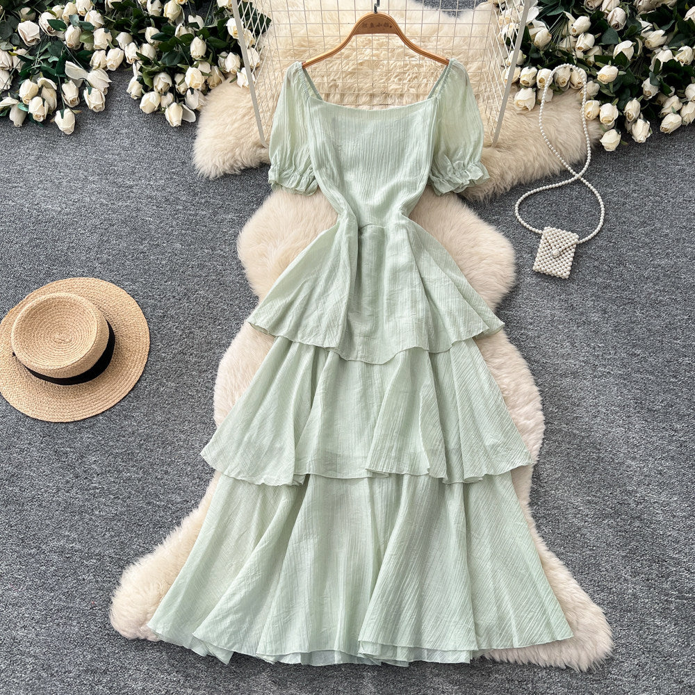 French holiday style puff sleeve square neck dress women's summer pleated waist slimming look layered ruffles cake skirt