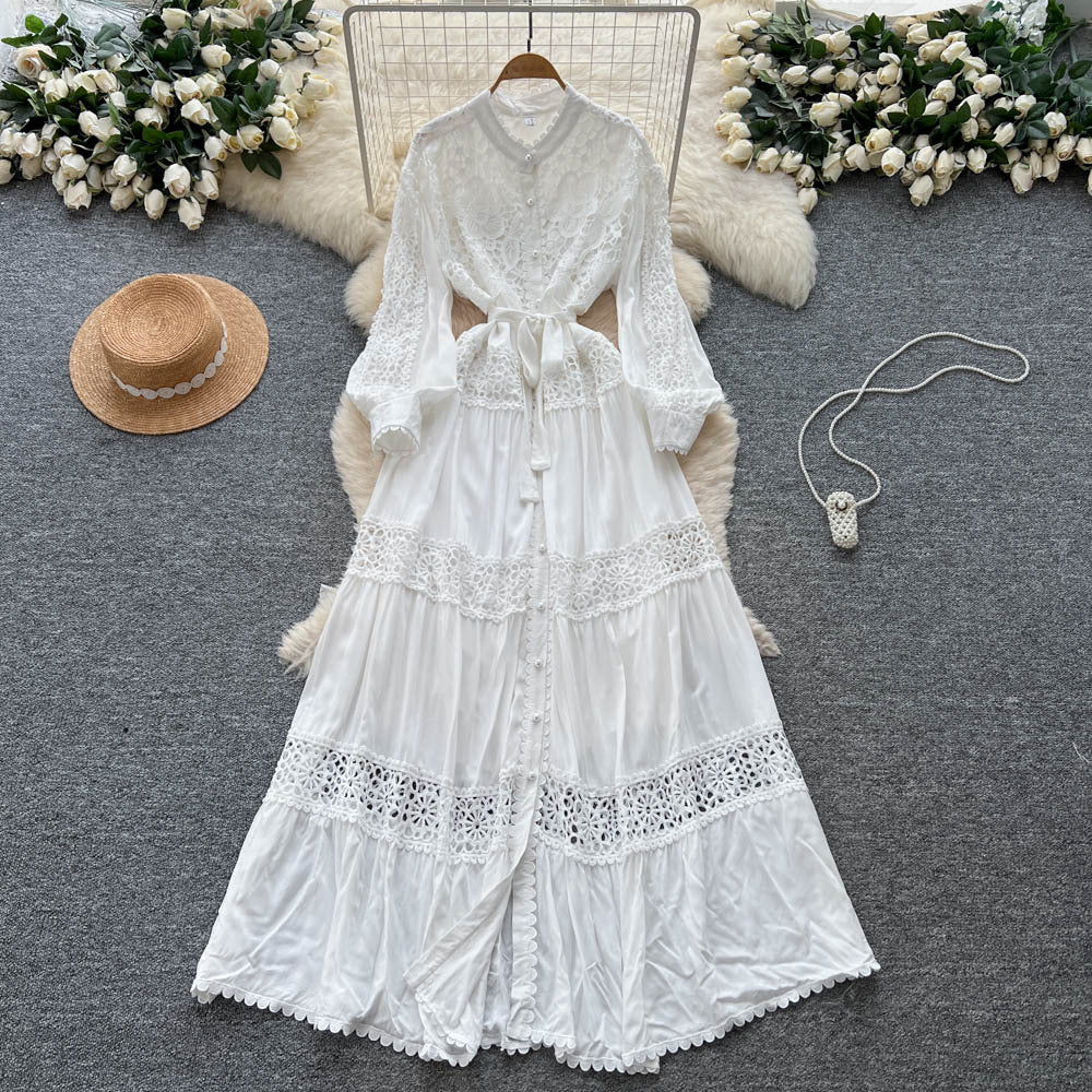 French retro court style heavy embroidered hollow-out lace patchwork tie-waist single-breasted elegant long dress for women