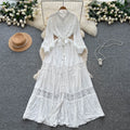 French retro court style heavy embroidered hollow-out lace patchwork tie-waist single-breasted elegant long dress for women