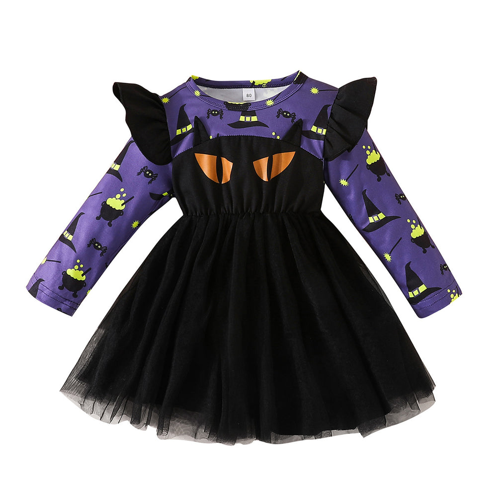European and american girls' halloween long-sleeve eye print dress - fashionable minimalist patchwork mesh princess dress - in stock