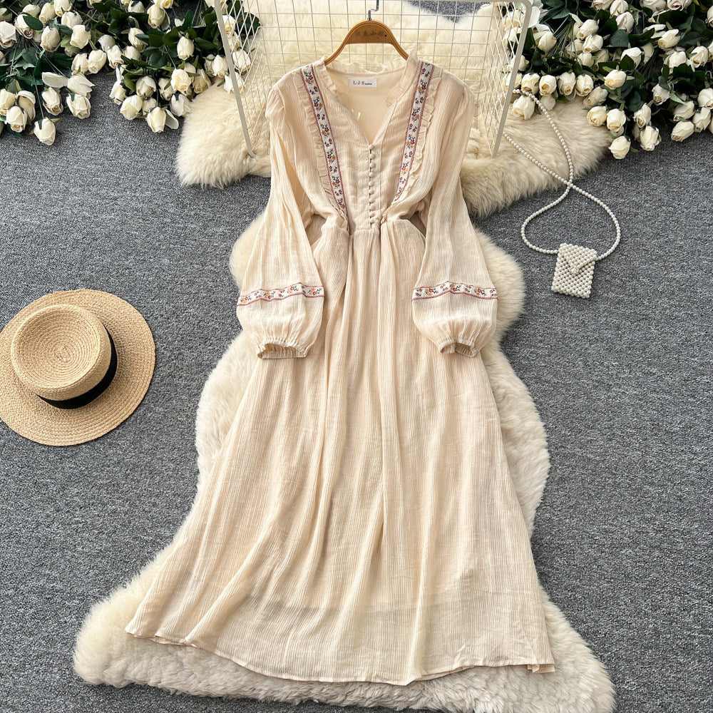 Vintage-inspired white lantern sleeve embroidered a-line dress - autumn chic, slim-fit, and perfect for vacation