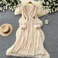 Vintage-inspired white lantern sleeve embroidered a-line dress - autumn chic, slim-fit, and perfect for vacation