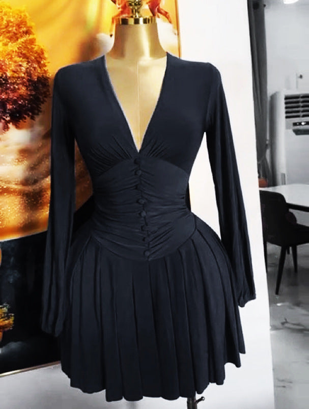 Export women's clothing pleated v necklong sleevesdressfrenchelegant silm waist slimming lookpleated short skirt