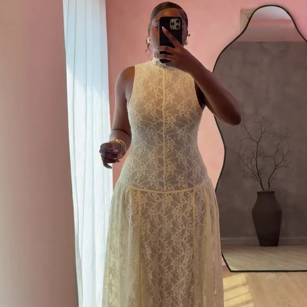 European and american cross-border women's clothing:  summer new arrivals - sweet & elegant mock neck slim-fit lace midi dress