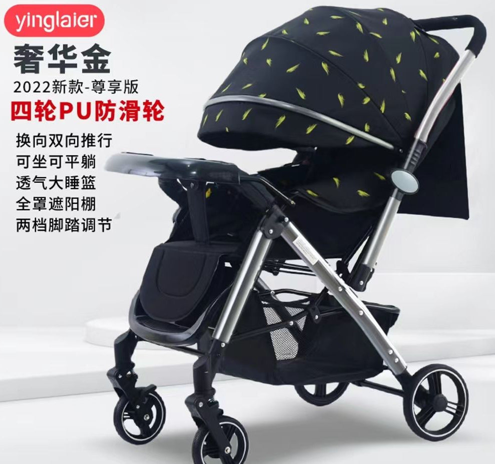 Four-wheel rubber can sit and lie down, two-way promotion, four-wheel shock absorption, large space baby stroller, high landscape bb stroller