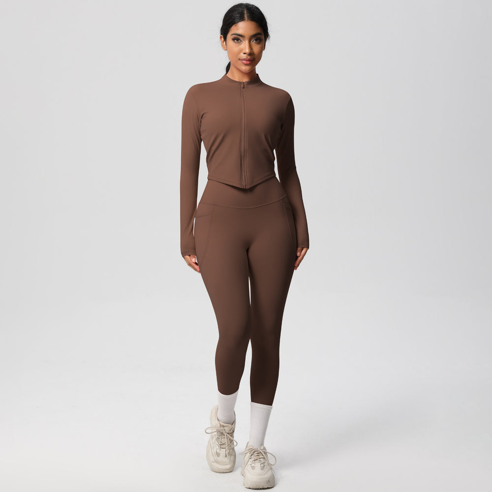 European and american nude feel compression zip-up yoga set - high-waisted pocket quick-dry activewear running fitness two-piece outfit