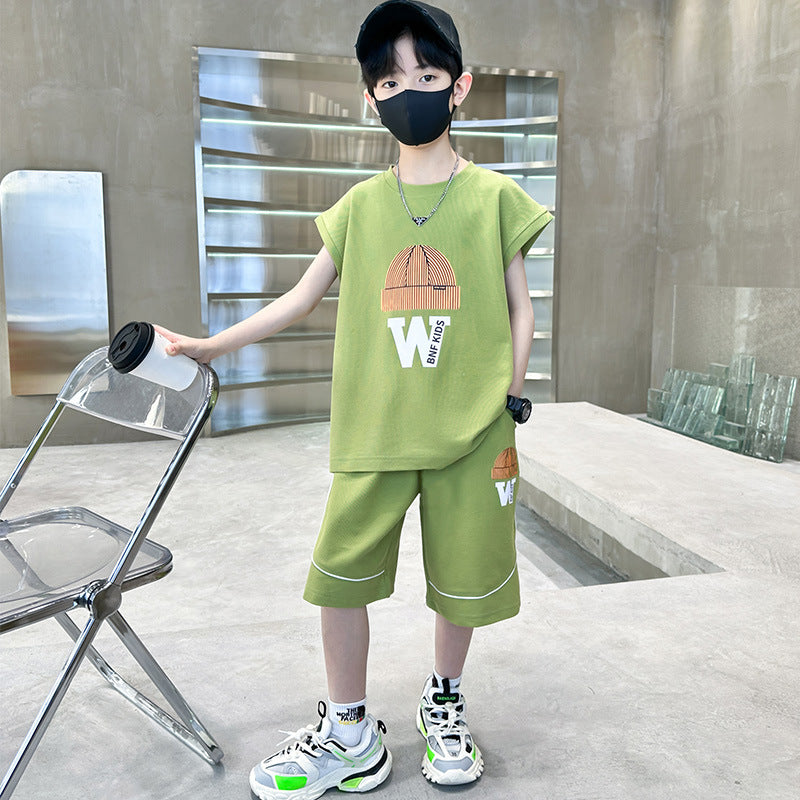 Boys' summer outfit set, new  styles for mid-to-large children, lightweight summer short-sleeve two-piece set, super cool kids' clothing