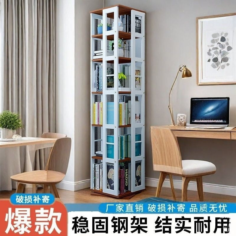Rotating student bookshelf bookcase, mobile multi-tier kids storage floor rack, simple organizer, multifunctional living room shelf