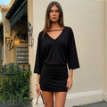 European and american export women's clothing  summer new fashion v-neck solid color loose short sleeve open back bodycon dress