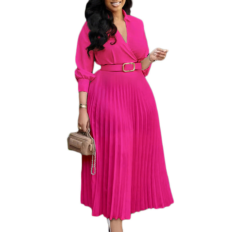 D522export women's clothing new arrival summer fashion lapel long sleeves high waist elegant pleated pure color africandress