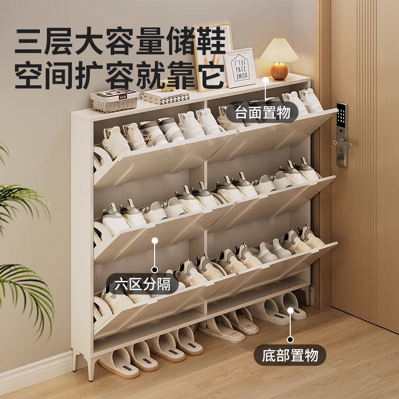 Ultra-thin tipping shoe cabinet cream style for home door small narrow entrance door shoe cabinet space-saving entrance cabinet all-in-one shoe rack
