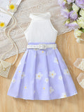 Summer girls' sleeveless halter top with purple floral print pleated skirt and belt - children's dress for export