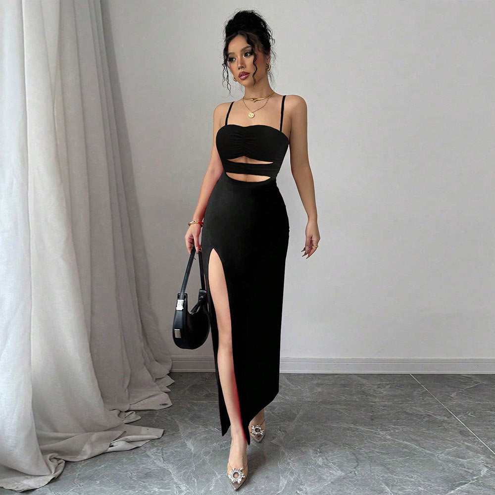 new european and american style women's hollow-out sexy cami dress - summer minimalist black party maxi dress