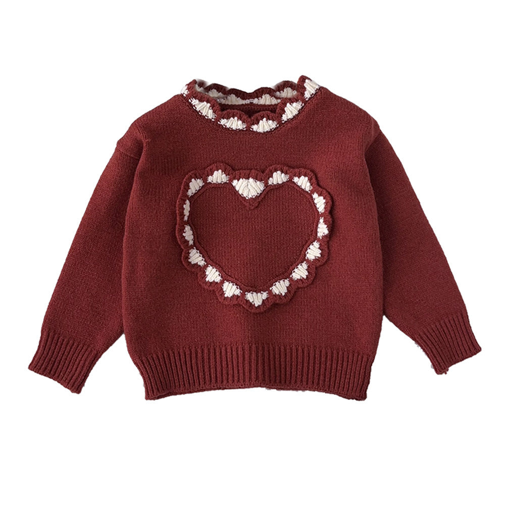 Girls' korean style sweater - new autumn/winter sweet 3d heart top - christmas baby girl round neck knitted long sleeve sweater