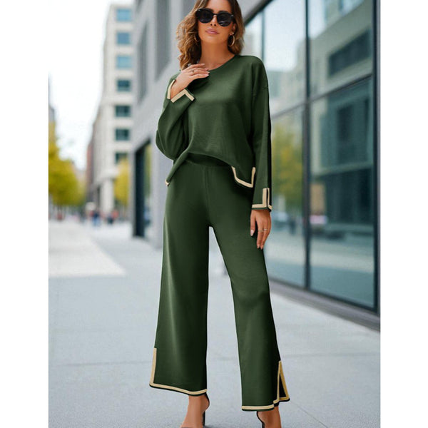 Foreign trade  women's clothing 2025 autumn new temperament contrasting color split-ended long-sleeved knitted sweater high-waisted wide-leg pants set