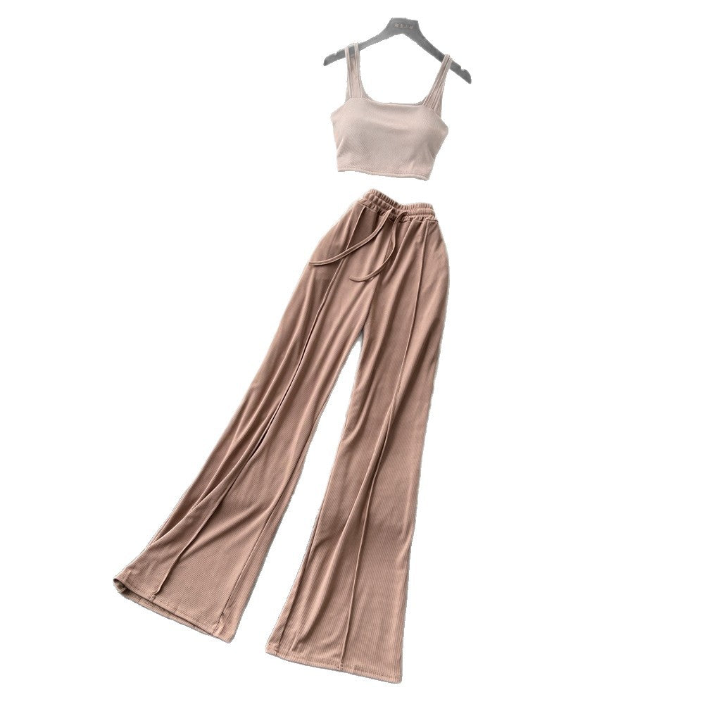 Korean style commute-friendly slim-fit tank top & high-waisted wide-leg pants set - women's summer minimalist casual slimming draped two-piece outfit