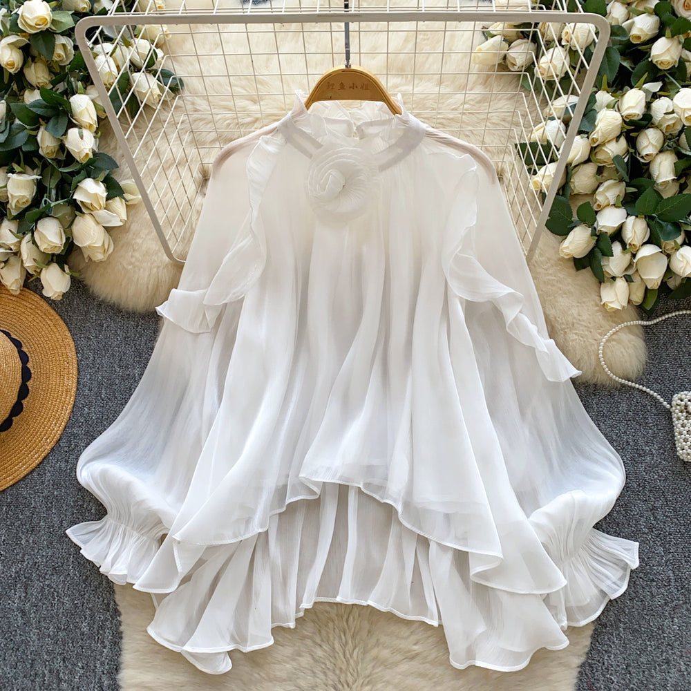 French-style 3d floral mesh lantern sleeve blouse - women's early spring commute style, relaxed fit, pleated detail, soft & youthful top