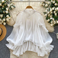 French-style 3d floral mesh lantern sleeve blouse - women's early spring commute style, relaxed fit, pleated detail, soft & youthful top