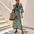 2025 aliexpress european and american autumn/winter new collection: printed belted bohemian dress for women