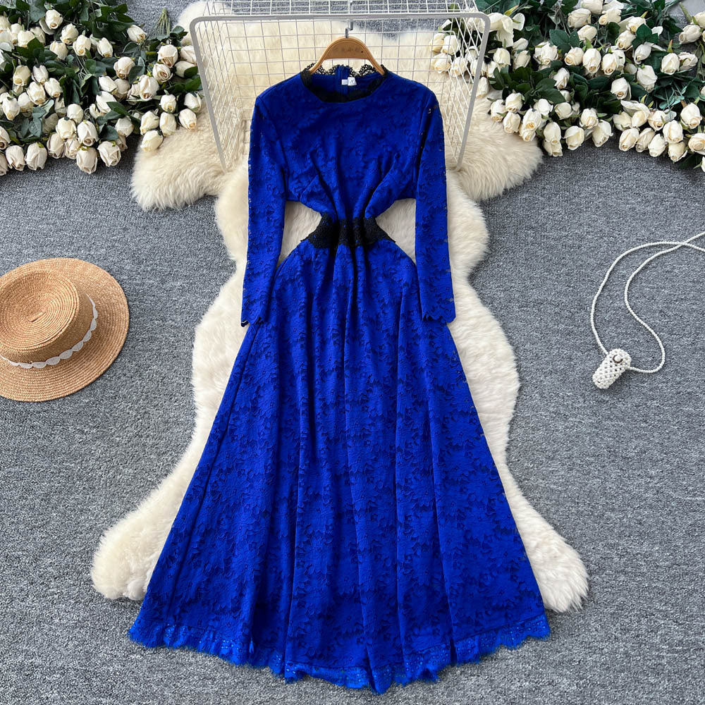 French chic, understated elegance: women's autumn  dress - high-end, slim-fit, figure-flattering, lace maxi dress