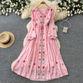 Ethnic embroidered tie-waist dress - women's summer long sleeve v-neck a-line maxi dress - elegant & chic