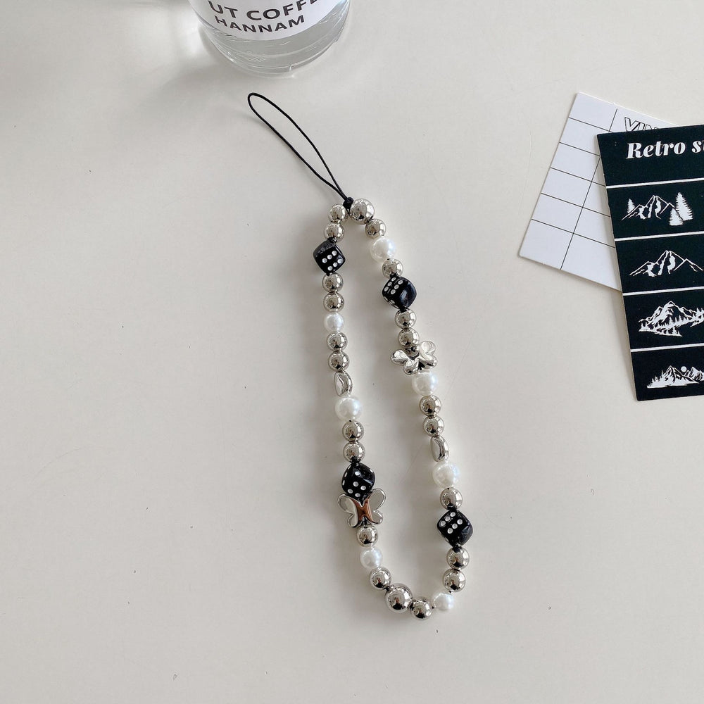 Minimalist crystal square electroplated heart bracelet with transparent star and bear charms, black and white bead phone case charm accessories