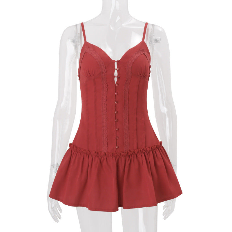 Amazon women's spring  new french sweet socialite style solid color cinched waist cami dress mini dress