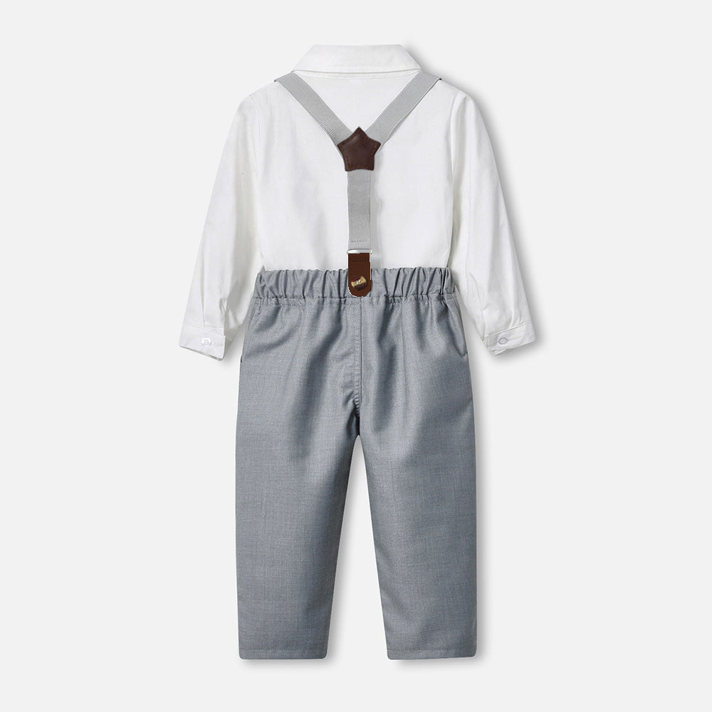 Korean style new children's clothing long-sleeve shirt overalls bow tie first birthday outfit boys' clothes factory wholesale