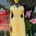 European and american cross-border women's spring  new arrival: elegant and chic striped high-waisted midi dress with turn-down collar and short sleeves