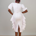European and american women's clothing  autumn new collection: sweet and fresh v-neck puff sleeve blouse with high-waisted bodycon midi skirt two-piece set