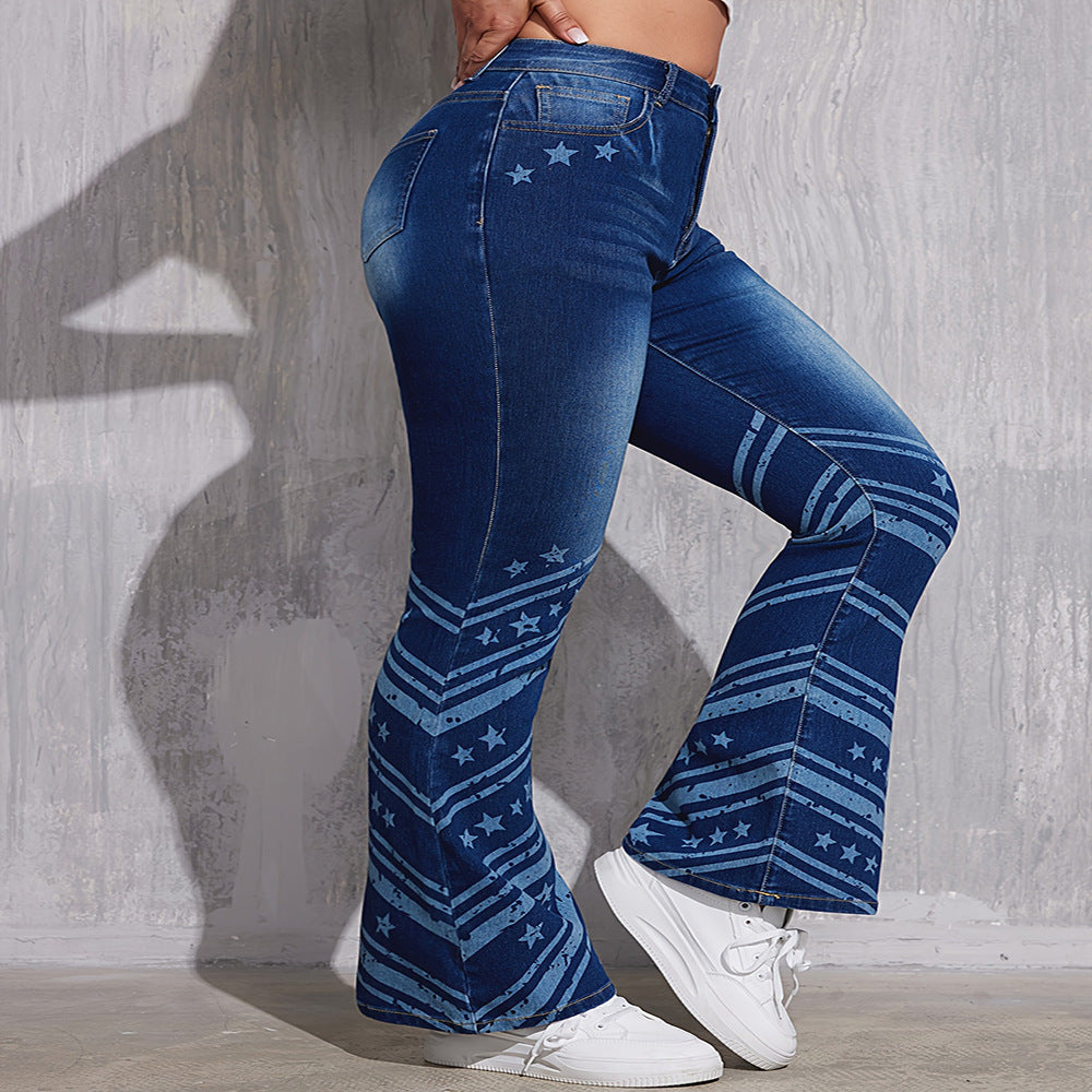 European and american style women's jeans -  cross-border winter fashion streetwear high-waisted printed stretch casual pants