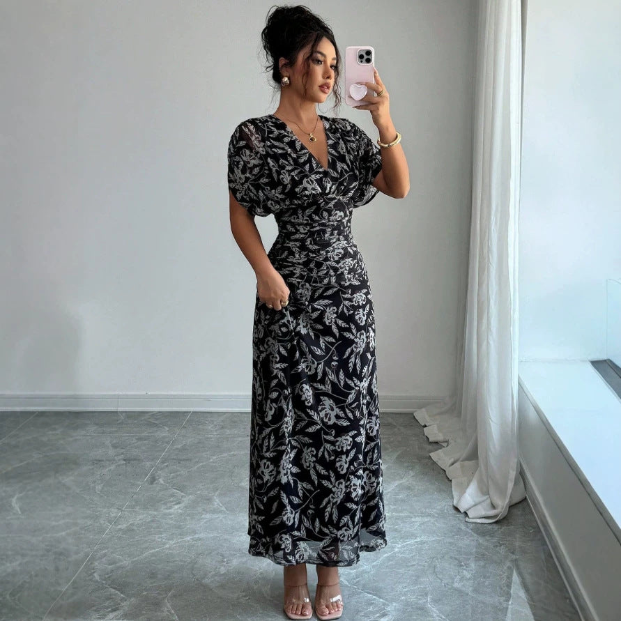 printed midi a-line dress - new french style, v-neck, slimming black dress