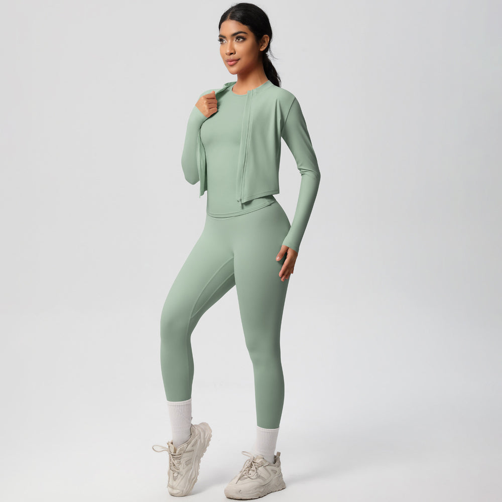 European and american nude feel solid color slim-fit top, jacket, and yoga outfit - quick-dry activewear three-piece set for outdoor leisure, running, and fitness