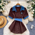 Korean style commute chic: denim patchwork turn-down collar shirt - women's summer short sleeve, cinched waist, tie-up, slimming, designer top