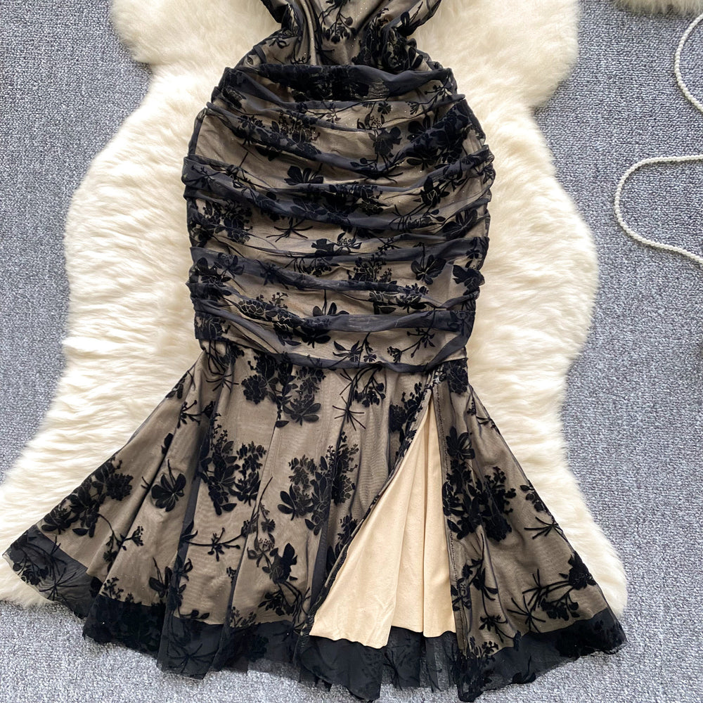 Evening gown women's high-end banquet party dress - slim fit, flocked print, pleated, slit, mermaid maxi dress